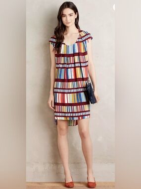 Maeve Multicolor Striped Shift Dress with Burgundy Bands